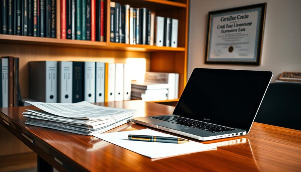 A well-lit office desk with a laptop, a stack of documents, and a pen resting on top. The desk is made of polished wood, and the lighting casts a warm, professional glow. In the background, a bookshelf filled with engineering textbooks and a framed certificate on the wall, indicating the successful completion of the civil engineering licensure exam. The mood is one of accomplishment, with a sense of finality and closure to the exam process.