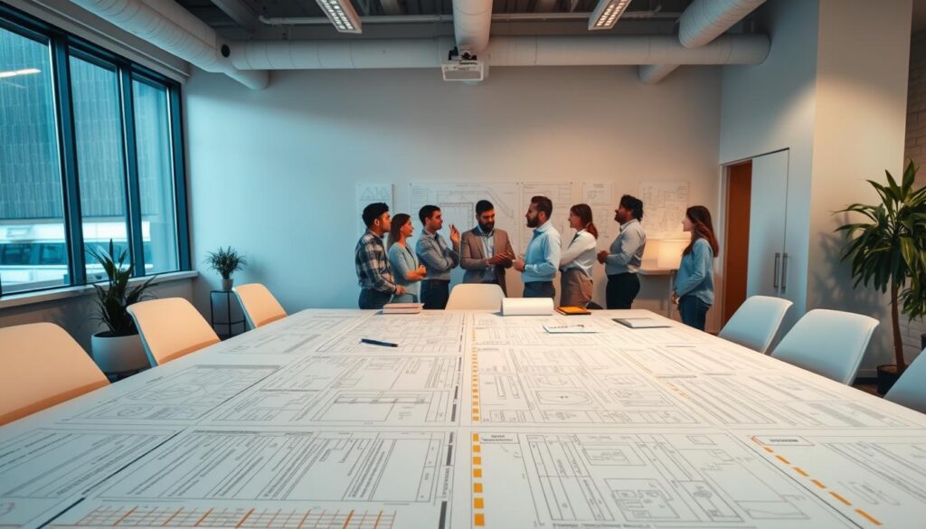 A well-lit office interior with a large table in the foreground, covered in blueprints, Gantt charts, and other project planning documents. In the middle ground, a team of civil engineers and project managers gathered around the table, engaged in a lively discussion. The background features a wall-mounted whiteboard with sketches and diagrams related to the project. The scene conveys a sense of focused collaboration and meticulous planning, with soft, warm lighting and a clean, organized aesthetic.