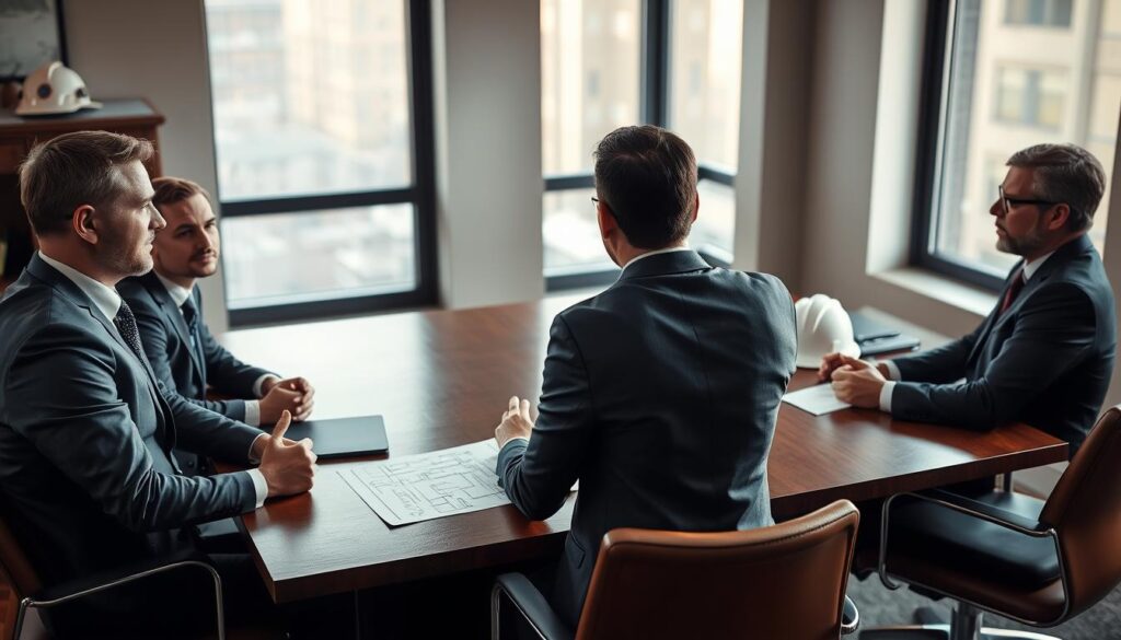 A well-lit office scene, a smartly dressed applicant sits across a wooden desk, facing a panel of construction company executives in professional attire. The applicant's posture is confident, hands folded neatly, as they engage in an earnest discussion. Soft lighting filters through large windows, casting a warm glow over the formal yet welcoming atmosphere. The executives' expressions are attentive, signaling an active, thoughtful interview process. Subtle details like a construction blueprint on the desk and a hard hat in the background reinforce the construction industry setting. The overall mood is one of professionalism, engagement, and the anticipation of a promising internship opportunity.