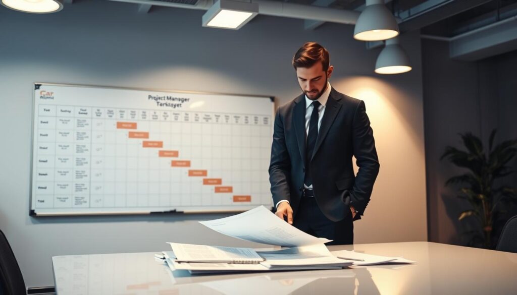 A well-lit office scene, with a professional project manager standing at the center, reviewing project plans and documents on a sleek desk. The manager is dressed in a tailored suit, conveying an air of authority and expertise. In the background, a whiteboard displays a detailed Gantt chart, highlighting key milestones and deadlines. Subtle lighting from overhead fixtures casts a warm glow, creating a productive and focused atmosphere. The scene emphasizes the project manager's primary responsibilities, such as planning, monitoring, and coordinating various aspects of the project to ensure successful delivery.