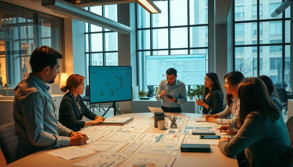 A well-lit office scene with a team of professionals gathered around a large table, intently studying various project planning documents and diagrams. In the foreground, a project manager stands at the head of the table, gesturing towards a detailed Gantt chart displayed on a sleek, minimalist monitor. The middle ground features team members engaged in animated discussions, scribbling notes and exchanging ideas. The background showcases a modern, open-concept workspace with floor-to-ceiling windows, allowing natural light to flood the room. Subtle warm lighting casts a soft glow, and the atmosphere conveys a sense of focus, collaboration, and strategic planning.