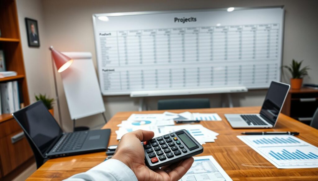 A well-lit office scene with a wooden desk, a laptop, and various financial documents and charts neatly arranged. In the foreground, a hand holds a calculator, symbolizing the careful budgeting and financial oversight carried out by a seasoned project manager. The background features a large whiteboard with a detailed project timeline and budget breakdown, showcasing the manager's analytical skills and attention to detail. The overall atmosphere is one of professionalism, organization, and financial responsibility, reflecting the essential skills required for effective project management.
