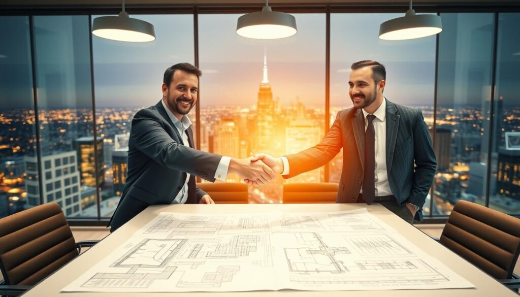 A well-lit office setting, two businessmen shaking hands in the foreground, signifying a partnership. In the middle ground, architectural plans and blueprints are spread out on a table, hinting at the engineering expertise they will collaborate on. The background features a panoramic view of a bustling city skyline, conveying the scale and impact of their future projects. Warm lighting from overhead fixtures creates a professional, yet approachable atmosphere, inviting the viewer to envision the successful integration of their engineering knowledge and resources.