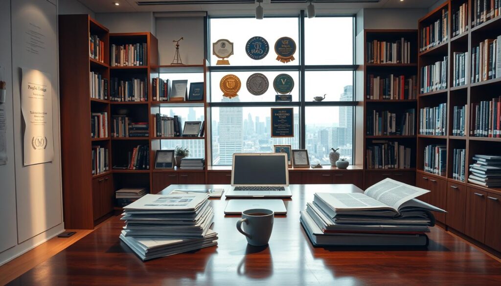 A well-lit office setting with a large wooden desk, bookshelves filled with academic journals and policy documents, and a large window overlooking a cityscape. On the desk, various research materials are neatly organized, including a laptop, a stack of files, and a cup of coffee. The lighting is soft and warm, creating a contemplative and focused atmosphere. In the background, a subtle display of awards, certifications, and academic degrees suggests the expertise and authority of the policymaker occupying this space. The overall scene conveys a sense of intellectual rigor and dedication to educational improvement.