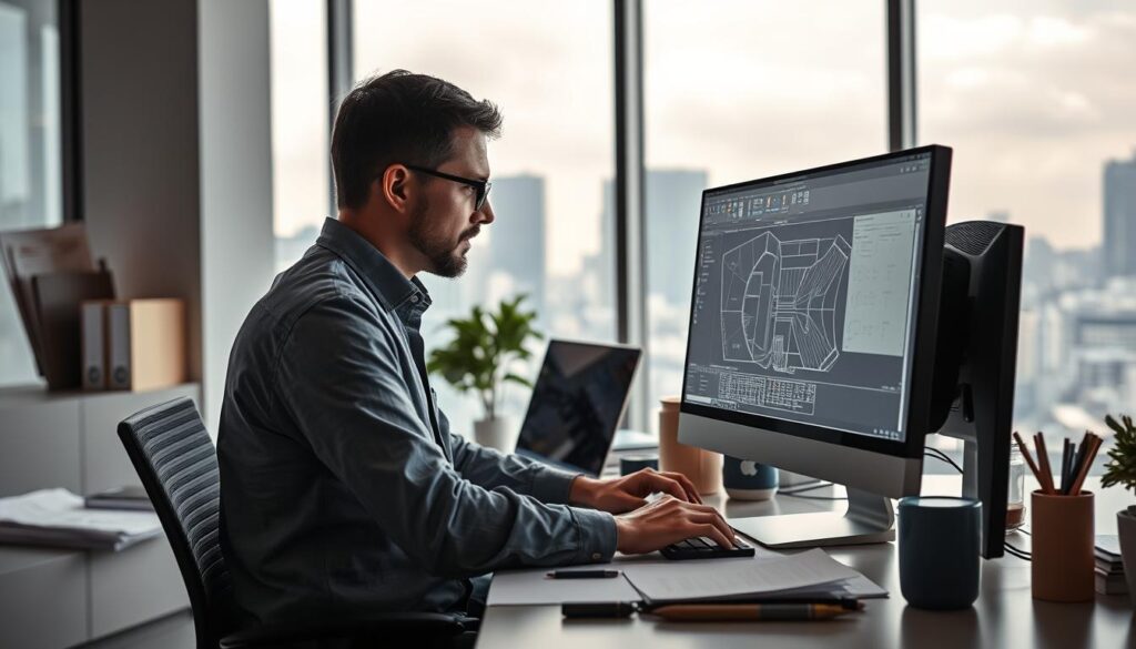 A well-lit office setting with an engineer troubleshooting an AutoCAD software issue on a desktop computer. The engineer is sitting at a workstation, meticulously examining the screen, surrounded by technical drawings, reference materials, and office supplies. The background features a large window with a cityscape visible, creating a sense of a professional, modern workspace. Soft, directional lighting illuminates the scene, casting subtle shadows and highlights to convey depth and focus on the troubleshooting process. The overall mood is one of concentration and problem-solving, with a touch of technical complexity.