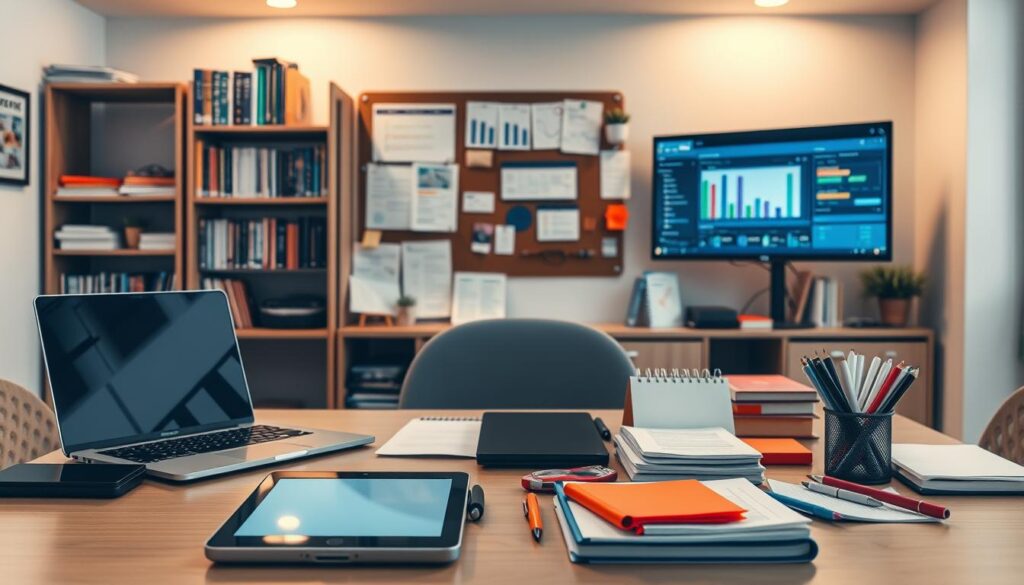 A well-lit office space with a desk showcasing an array of project management tools. In the foreground, a laptop, a digital tablet, and various stationery items such as pens, notepads, and sticky notes. In the middle ground, a corkboard displaying Gantt charts, calendars, and to-do lists. The background features bookshelves filled with project management literature and a large monitor displaying a project dashboard. The lighting is soft and warm, creating a productive and organized atmosphere. The scene conveys the essential tools and software used by a skilled project manager to effectively plan, track, and execute projects.