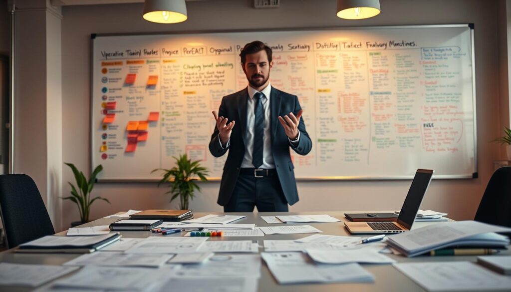 A well-lit office space with a large desk in the foreground, papers and a laptop scattered across the surface. In the middle ground, a person dressed in business attire stands, hands gesturing as they plan and coordinate various tasks. The background features a whiteboard filled with colorful notes, schedules, and project timelines. Warm lighting casts a productive atmosphere, while the overall composition conveys the multifaceted responsibilities of a project manager, from task management to team collaboration and strategic planning.