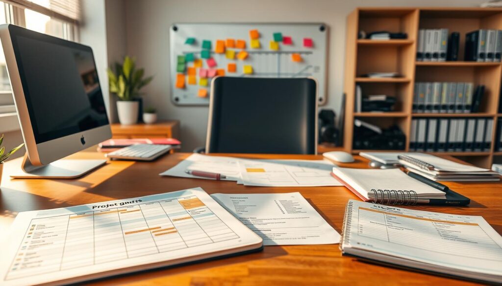 A well-lit office workspace with a desk, computer, and various project planning tools laid out in an organized manner. In the foreground, a Gantt chart, a calendar, and a notebook with task lists and schedules. In the middle ground, a whiteboard with color-coded sticky notes and a project timeline. In the background, shelves with project management books and software manuals. The scene is bathed in warm, natural lighting, creating a focused and productive atmosphere.
