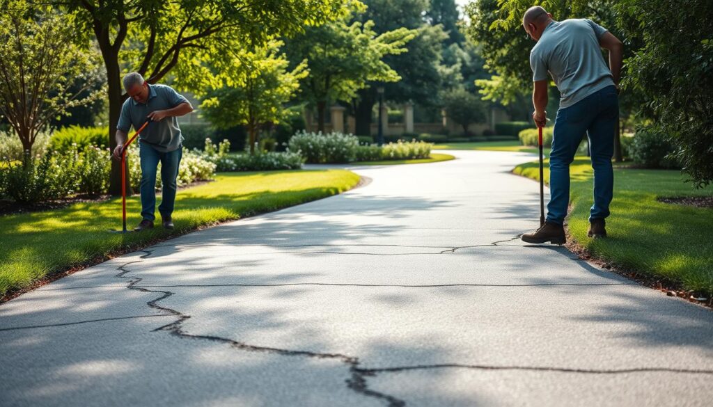 A well-lit paved pathway meandering through a lush garden, with workers diligently patching cracks and sealing the surface using professional-grade asphalt repair tools. The foreground showcases the hands-on maintenance process, while the middle ground reveals the even, smooth texture of the revitalized pavement. In the background, verdant trees and shrubs frame the scene, creating a serene and inviting atmosphere. Soft, diffused lighting casts gentle shadows, highlighting the texture and details of the pavement. The overall composition conveys the importance of routine maintenance for preserving the longevity and aesthetic appeal of outdoor pavement projects.