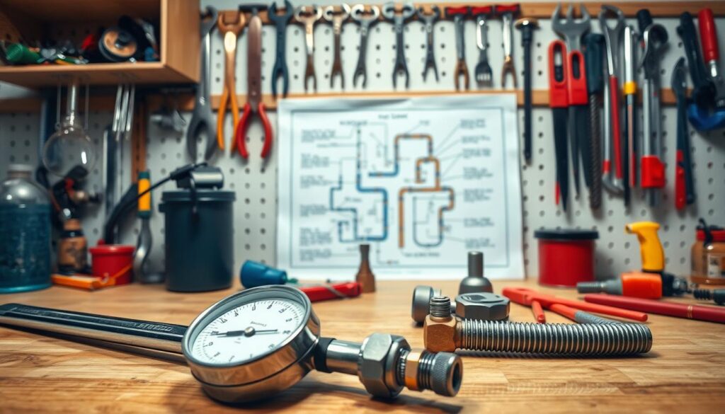 A well-lit plumbing workbench with various tools and parts laid out neatly. In the foreground, a wrench, a pressure gauge, and a section of pipe are prominently displayed, hinting at the task of water pressure troubleshooting. The middle ground features a schematic diagram of a plumbing system, with arrows and annotations pointing to key components. In the background, a wall-mounted tool rack holds an assortment of plumbing tools, conveying a sense of expertise and preparedness. The lighting is soft and natural, creating a calming, professional atmosphere suitable for a how-to guide on homeowner plumbing.