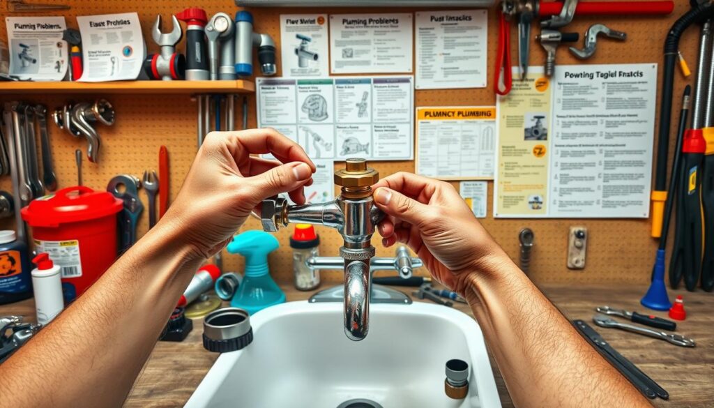 A well-lit plumbing workshop with an array of tools and supplies, including wrenches, plungers, and pipe fittings, neatly arranged on a sturdy workbench. In the foreground, a pair of skilled hands demonstrating the proper techniques for fixing a leaky faucet, with a focus on the intricate mechanics involved. The background features a series of informative diagrams and checklists detailing common plumbing problems and preventive maintenance tips, creating an educational and informative atmosphere. The overall scene conveys a sense of professionalism, expertise, and a commitment to helping homeowners tackle plumbing issues with confidence.