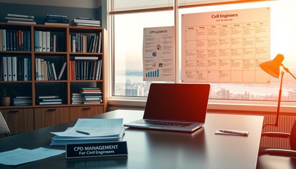 A well-lit professional office setting, with a desk in the foreground featuring a laptop, a stack of documents, and a mug of coffee. On the desk, a name plaque reads "CPD Management for Civil Engineers". In the middle ground, a bookshelf filled with engineering references and a large wall calendar highlighting important CPD events and deadlines. The background showcases a scenic view through a window, highlighting the importance of work-life balance for effective CPD management. Warm, subdued lighting creates a focused, productive atmosphere.