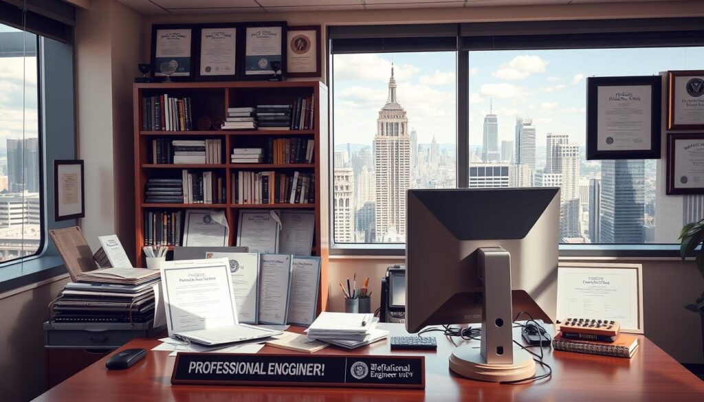 A well-lit professional office setting, with a large window overlooking a bustling city skyline. In the foreground, a desk with a computer, a nameplate that reads "Professional Engineer", and various engineering tools and documents. In the middle ground, a bookshelf displaying professional certifications, awards, and industry publications. The background features diplomas, certificates, and framed professional seals, conveying the authority and expertise of a licensed Professional Engineer. The overall atmosphere is one of prestige, competence, and the tangible benefits of holding a PE license.