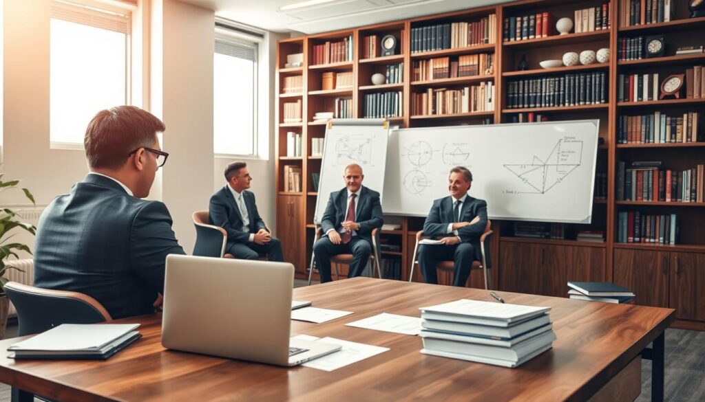 A well-lit, professional office setting with a large wooden desk, a laptop, and a stack of documents. In the foreground, a job candidate in a suit sits across from a panel of interviewers in business attire, engaged in a thoughtful discussion. The middle ground features a whiteboard with technical diagrams and equations, hinting at the mechanical engineering focus. The background showcases a bookshelf filled with engineering references and accolades, conveying the expertise of the interviewers. The lighting is warm and inviting, creating a collaborative atmosphere conducive to a successful interview.