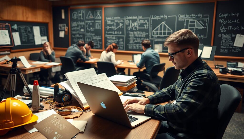 A well-lit, realistic scene depicting real-world civil engineering exam scenarios. In the foreground, an examinee sitting at a desk, intently solving a complex structural analysis problem on their laptop. Surrounding them, an array of civil engineering equipment and tools - hardhat, surveying compass, plans and blueprints, material samples. In the middle ground, other examinees working through various problem-solving exercises, engaged in discussions. In the background, a large chalkboard displaying civil engineering formulas and diagrams. The atmosphere is one of focus, determination and technical expertise, reflecting the high-stakes nature of the Professional Engineering Civil Exam.