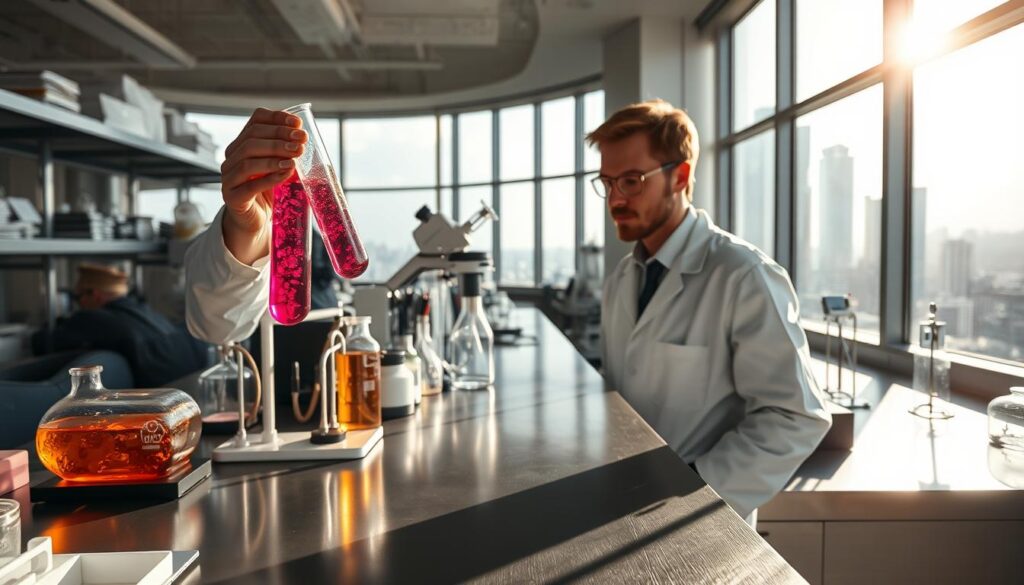 A well-lit, realistic scene of a chemical engineering laboratory. In the foreground, a scientist in a white lab coat is examining a test tube filled with a vibrant, bubbling liquid. In the middle ground, various scientific equipment and instruments are neatly arranged on a stainless steel countertop, casting long shadows under the bright overhead lighting. In the background, a large window overlooking a bustling cityscape, hinting at the lucrative career opportunities available to skilled chemical engineers. The scene exudes a sense of professionalism, innovation, and the financial rewards associated with this in-demand field.