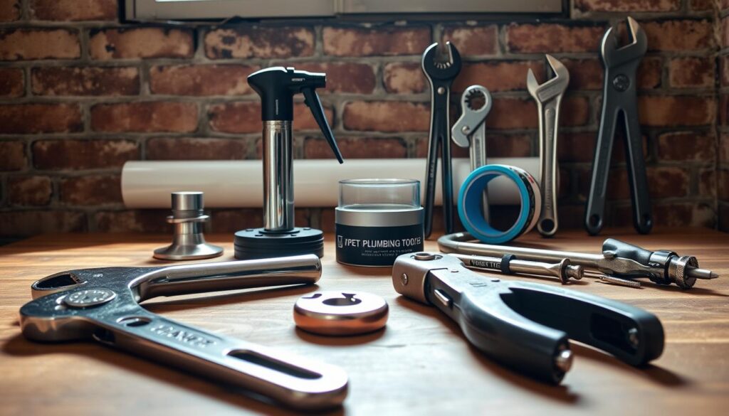 A well-lit still life arrangement showcasing an assortment of essential DIY plumbing tools. In the foreground, a chrome-plated basin wrench, adjustable pliers, and a pipe cutter lie neatly arranged on a wooden workbench. In the middle ground, a compact plumber's torch, a roll of Teflon tape, and a set of pipe wrenches stand upright, casting subtle shadows. The background features a brick wall, adding a rustic industrial ambiance, while natural lighting from a nearby window creates soft, diffused illumination, highlighting the metallic textures and reflections of the tools.