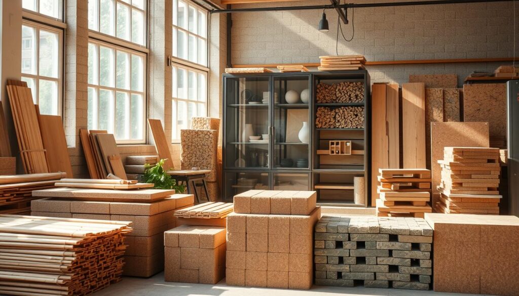A well-lit studio scene featuring a variety of sustainable building materials. In the foreground, stacks of bamboo planks, rammed earth bricks, and recycled plastic tiles. In the middle ground, a glass-fronted shelving unit showcasing samples of hempcrete, cork insulation, and reclaimed timber. The background is filled with natural light streaming through large windows, casting a warm, inviting glow across the scene. The overall composition emphasizes the tactile, earthy qualities of the materials, conveying a sense of environmental consciousness and cost-effective alternatives to traditional construction.