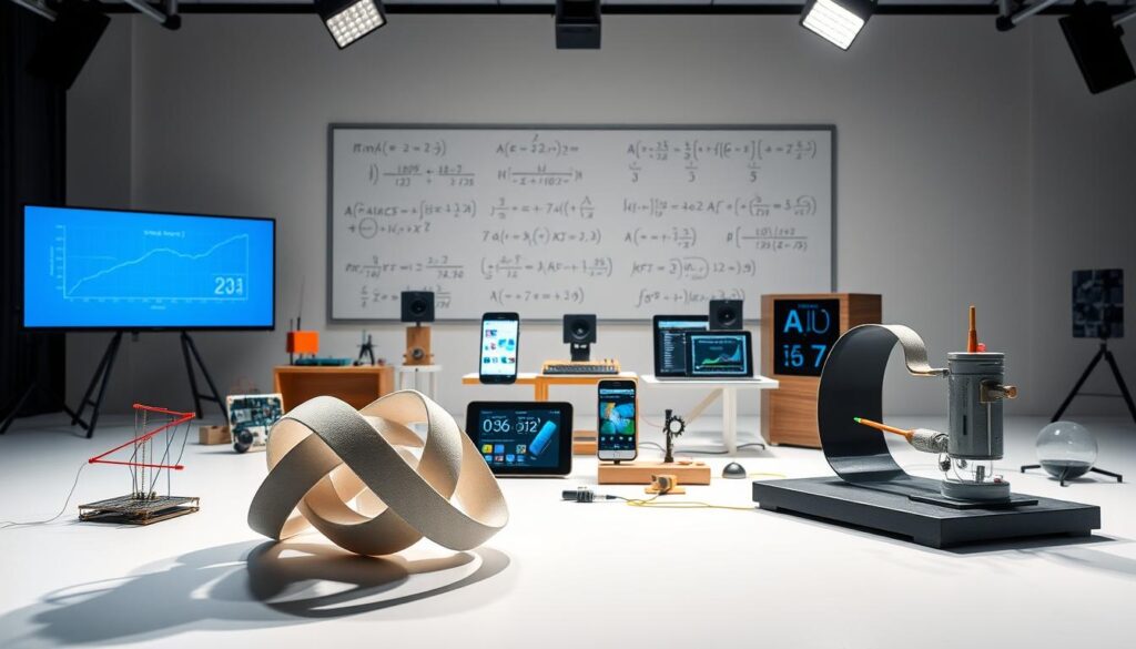 A well-lit studio setting featuring an array of math-based STEM projects. In the foreground, an intricate 3D model of a mathematical function, its curves and surfaces illuminated by soft, directional lighting. In the middle ground, a collection of hands-on experiments and simulations, including a digital circuit board, a mobile app showcasing statistical visualizations, and a tabletop wind tunnel for aerodynamics testing. The background is a clean, minimalist space with a large chalkboard displaying complex equations and diagrams. The overall atmosphere conveys a sense of intellectual curiosity, analytical rigor, and the joy of discovery inherent in these math-driven STEM pursuits.