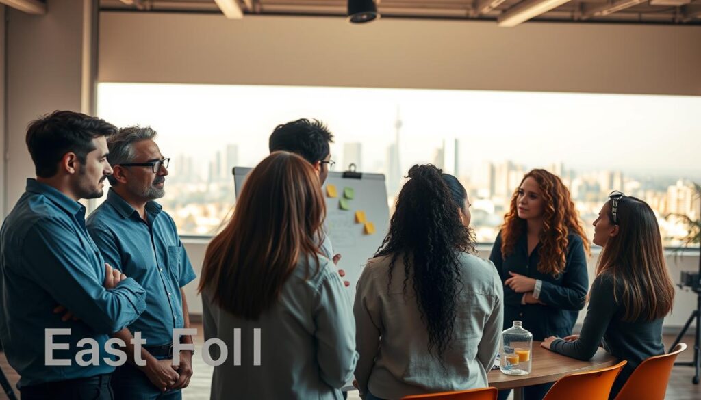 A well-lit studio setting showcasing the soft skills essential for engineers. In the foreground, a group of diverse engineers engaged in thoughtful discussion, their facial expressions conveying active listening, empathy, and open-mindedness. In the middle ground, a collaborative workspace with whiteboards, sticky notes, and 3D models, symbolizing problem-solving, teamwork, and creativity. The background features a panoramic view of a city skyline, hinting at the broader context and impact of an engineer's work. Warm, natural lighting and a muted color palette create a calming, professional atmosphere, emphasizing the importance of these interpersonal abilities in the engineering field.