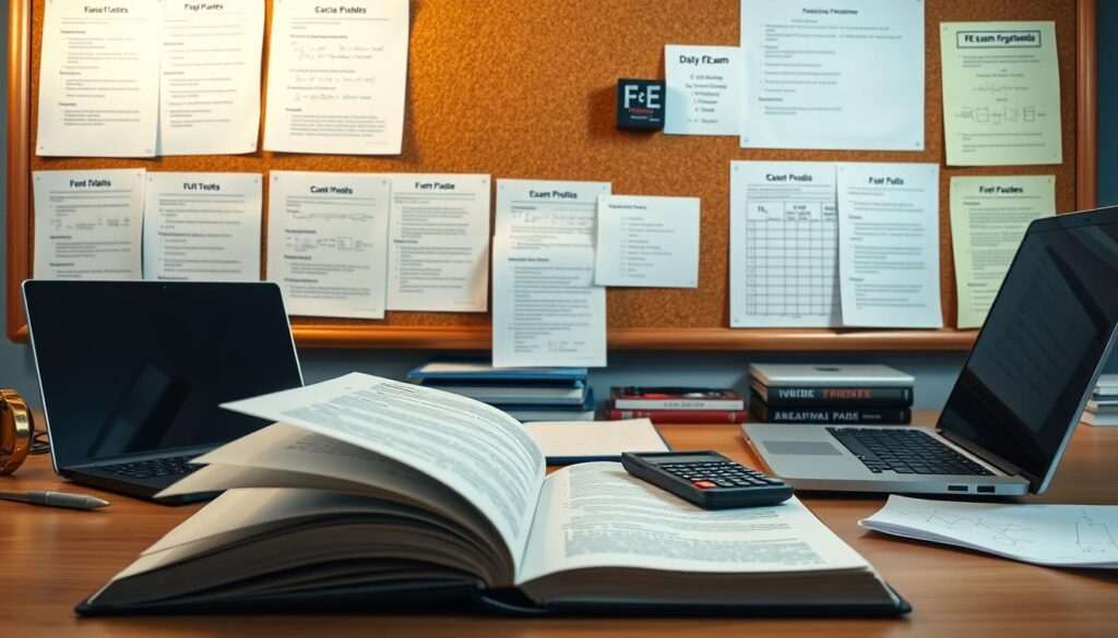A well-lit study area with an open textbook, a laptop, and a calculator laid out on a neatly organized desk. In the background, a corkboard displays relevant FE exam preparation materials, including practice problems, formulas, and exam preparation guides. Warm, focused lighting illuminates the scene, creating a productive and studious atmosphere. The composition emphasizes the dedicated effort and meticulous preparation required for the Fundamentals of Engineering (FE) exam, a crucial step towards becoming a licensed professional engineer in the USA.