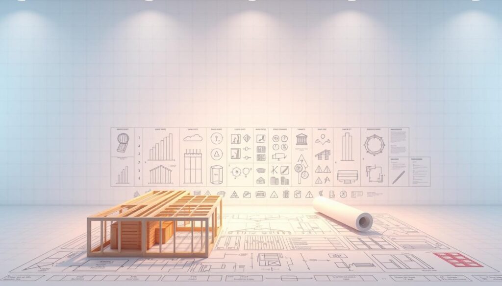 A well-lit, technical illustration of building codes and standards in the United States. In the foreground, a detailed 3D model of a construction blueprint, showcasing various structural elements and design specifications. In the middle ground, an array of architectural symbols, icons, and diagrams representing different building code requirements and safety regulations. In the background, a clean, minimalist backdrop featuring a subtle grid pattern, conveying a sense of order and precision. The lighting is crisp and evenly distributed, accentuating the technical details and lending an authoritative, informative tone to the image.