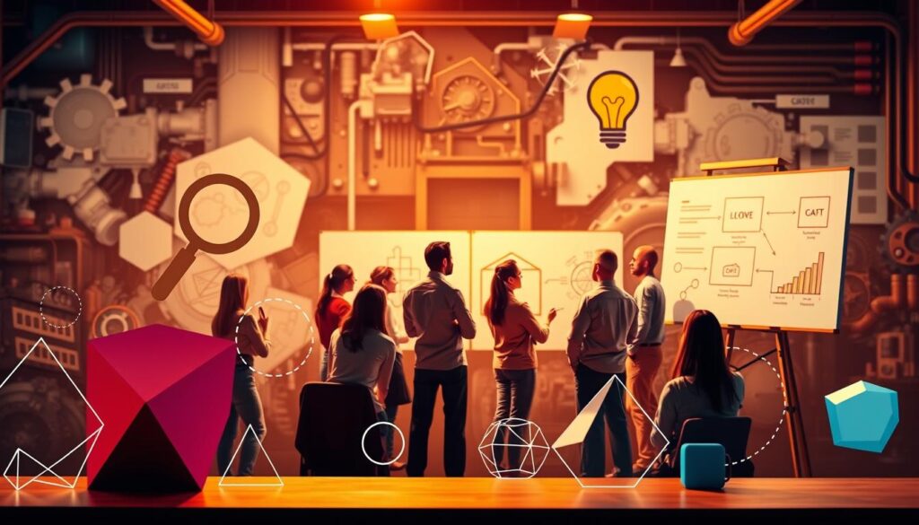 A well-lit, vibrant scene depicting strategies for effective problem-solving. In the foreground, various geometric shapes and icons representing different problem-solving techniques, such as a magnifying glass, a lightbulb, and a flowchart. In the middle ground, a group of diverse individuals collaborating, sketching ideas on whiteboards and discussing solutions. The background features a complex, mechanical landscape, suggesting the technical nature of the subject matter. The scene is bathed in warm, directional lighting, creating a sense of focus and intentionality. The overall atmosphere conveys a spirit of innovation, teamwork, and a systematic approach to unlocking successful engineering problem-solving.