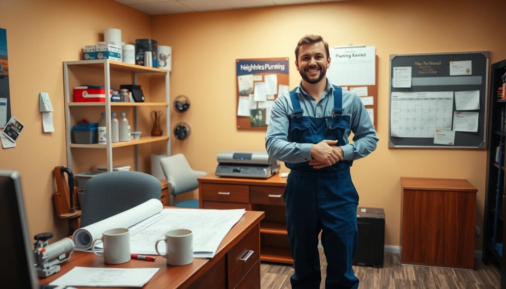 A well-lit, warm-toned interior of a neighborhood plumbing company's office. In the foreground, a plumber in a blue jumpsuit stands beside a customer, shaking their hand and smiling. On the office desk, a blueprint, tools, and a mug of coffee. The middle ground features shelves stocked with plumbing supplies, and the background shows a bulletin board with business cards, invoices, and a calendar. The lighting is soft and inviting, creating a sense of professionalism and trust. The overall atmosphere conveys a reliable, community-focused plumbing service that values long-term relationships with its customers.