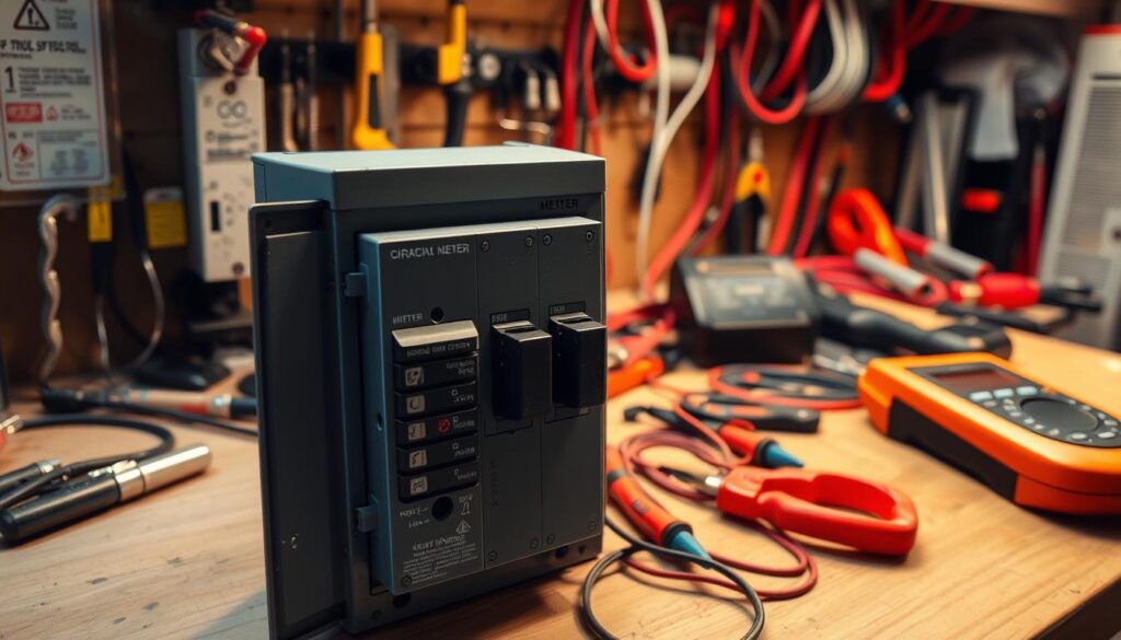 A well-lit workbench with an assortment of electrical tools, including pliers, screwdrivers, and a multimeter. In the foreground, a circuit breaker panel with its cover open, revealing the individual breakers. The image has a technical, problem-solving atmosphere, with a focus on the circuit breaker and the tools needed to diagnose and troubleshoot any issues. The lighting is bright and directional, creating shadows and highlights that emphasize the details of the scene. The camera angle is slightly elevated, providing a clear view of the circuit breaker panel and the surrounding workspace.