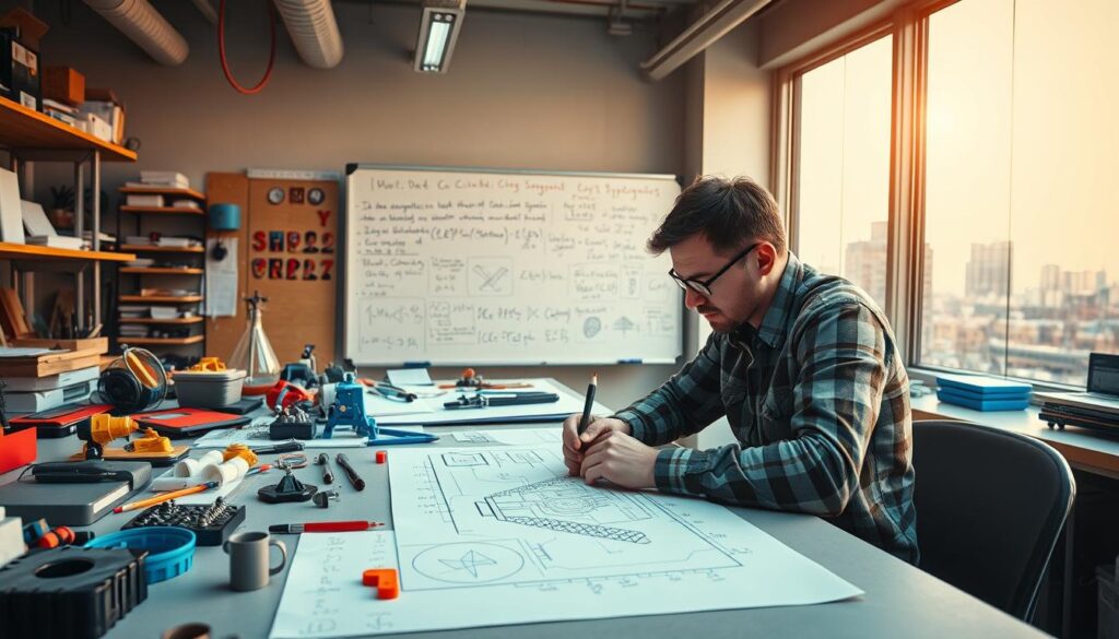 A well-lit workbench with an assortment of engineering tools and materials - prototypes, sketches, and 3D-printed parts. In the foreground, an engineer poring over a technical diagram, pencil in hand, deep in thought. The middle ground features a whiteboard covered in equations, diagrams, and scribbles, capturing the iterative problem-solving process. In the background, a large window overlooks a cityscape, suggesting the real-world applications and impact of the engineer's work. The scene conveys a sense of focus, creativity, and the systematic approach to tackling complex engineering challenges.