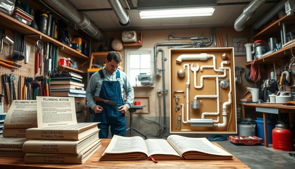A well-lit workshop filled with plumbing tools and fixtures. In the foreground, a collection of common plumbing myths represented as books or scrolls, their titles debunked by accompanying visual metaphors. In the middle ground, a plumber in overalls examines a pipe, disproving misconceptions. The background features a cutaway view of a residential plumbing system, its inner workings revealed to demystify common plumbing problems. The scene is captured with a wide-angle lens, conveying a sense of depth and discovery, inviting the viewer to explore the myths and realities of basic home plumbing.