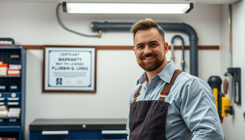 A well-lit workshop interior, a hardworking plumber stands proudly beside a neatly organized toolbox. On the wall behind him, a prominently displayed warranty certificate, its text crisp and legible, conveys a sense of professionalism and reliability. The plumber's uniform is clean and pressed, exuding an air of expertise. The overall scene projects an image of a trustworthy, licensed service provider, ready to tackle any plumbing issue with confidence and a commitment to quality workmanship.