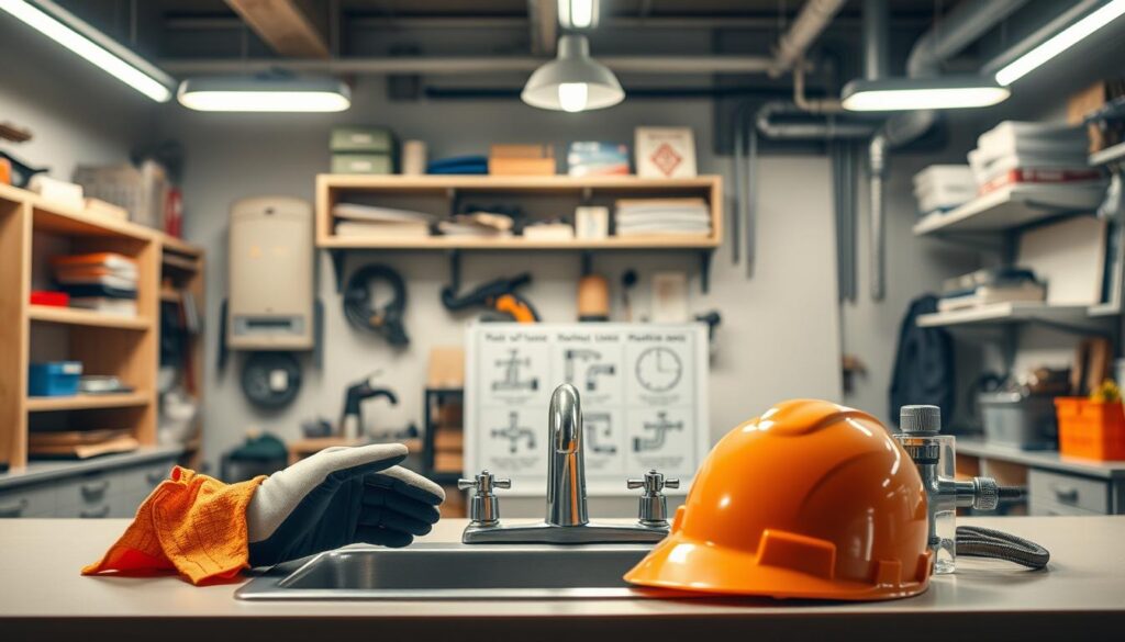 A well-lit workshop interior with a central focus on a sink, faucet, and adjacent plumbing components. In the foreground, clear safety gear like gloves, goggles, and a hard hat are prominently displayed. The middle ground showcases a step-by-step visual guide to shutting off water supply valves and disassembling fixtures. In the background, shelves with plumbing tools, pipes, and maintenance manuals create a sense of a professional, organized workspace. Subtle lighting from overhead fixtures casts a warm, safety-conscious glow across the scene. The overall mood is one of informed, responsible plumbing practices.