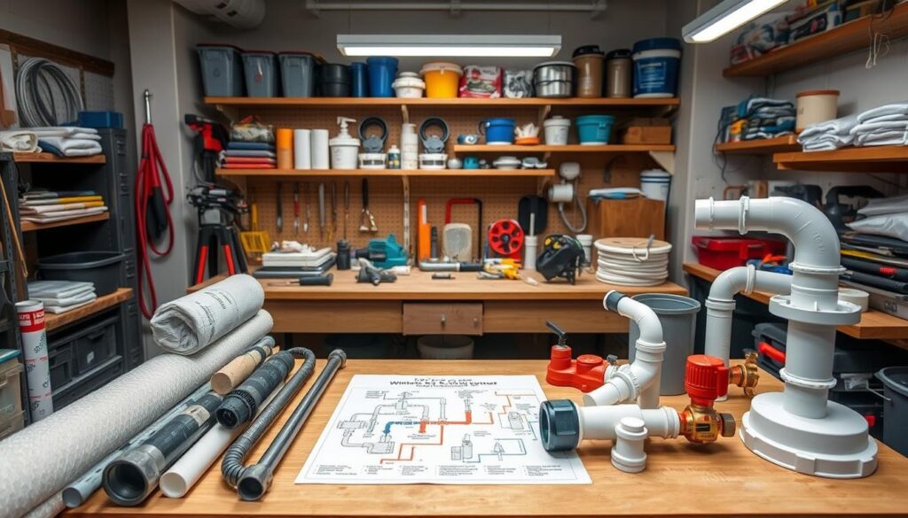 A well-lit workshop interior with a central workbench showcasing a variety of plumbing supplies and tools. In the foreground, several pipes, fittings, and insulation materials are neatly arranged, suggesting DIY winterization projects. The middle ground features a detailed schematic or diagram illustrating step-by-step plumbing winterization techniques. The background depicts shelves stocked with additional plumbing equipment and accessories, creating a sense of a functional, problem-solving space. The overall atmosphere is one of organized preparedness, with a focus on practical, hands-on solutions for winterizing residential plumbing systems.