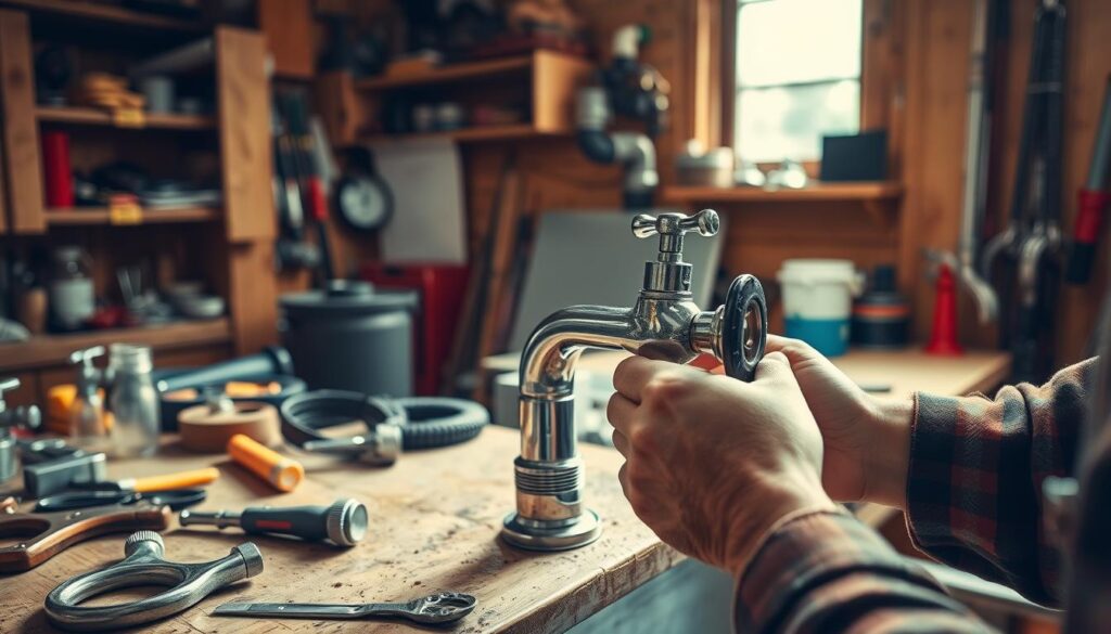A well-lit workshop interior, with a close-up view of a person's hands working on a leaky faucet. The faucet is positioned on a sturdy wooden workbench, surrounded by an array of plumbing tools and supplies. The person's hands are expertly disassembling the faucet components, revealing the inner workings. The scene is bathed in a warm, natural light, creating a sense of focus and attention to detail. The overall atmosphere conveys a calm, methodical approach to the repair process, with a sense of accomplishment and satisfaction upon successfully fixing the leaky faucet.