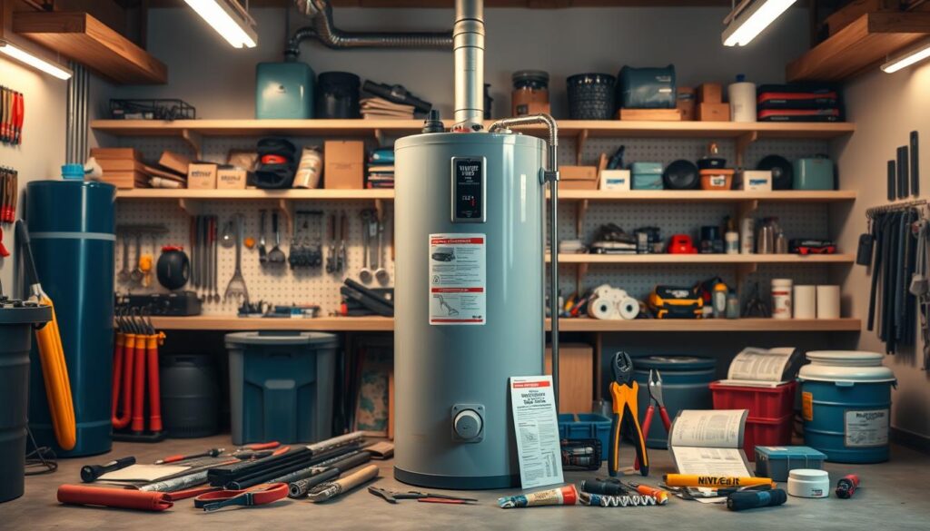 A well-lit workshop interior with a focus on a centrally placed water heater. The heater is surrounded by a range of plumbing tools and supplies, including wrenches, pliers, a trouble-shooting guide, and spare parts. The background features shelves stocked with additional tools and materials, creating a sense of a fully-equipped DIY workspace. Soft directional lighting illuminates the scene, casting subtle shadows and highlighting the details of the equipment. The overall atmosphere conveys a sense of problem-solving and hands-on repair work, reflecting the "Water Heater Troubleshooting" theme.