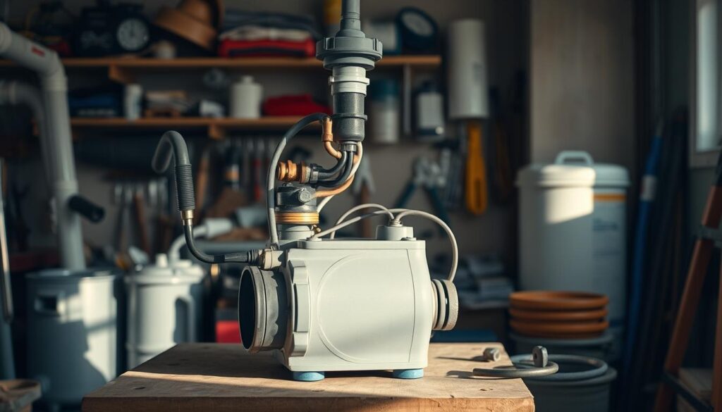 A well-lit workshop interior with a focus on a sump pump unit placed on a workbench. The sump pump is partially disassembled, revealing its inner components. Detailed close-up shots showcase the pump's mechanical parts, hoses, and electrical connections. The background features various plumbing tools and supplies, suggesting a DIY troubleshooting scenario. The lighting is balanced, casting subtle shadows that accentuate the textures and intricate details of the sump pump. An atmosphere of problem-solving and hands-on repair work permeates the scene.