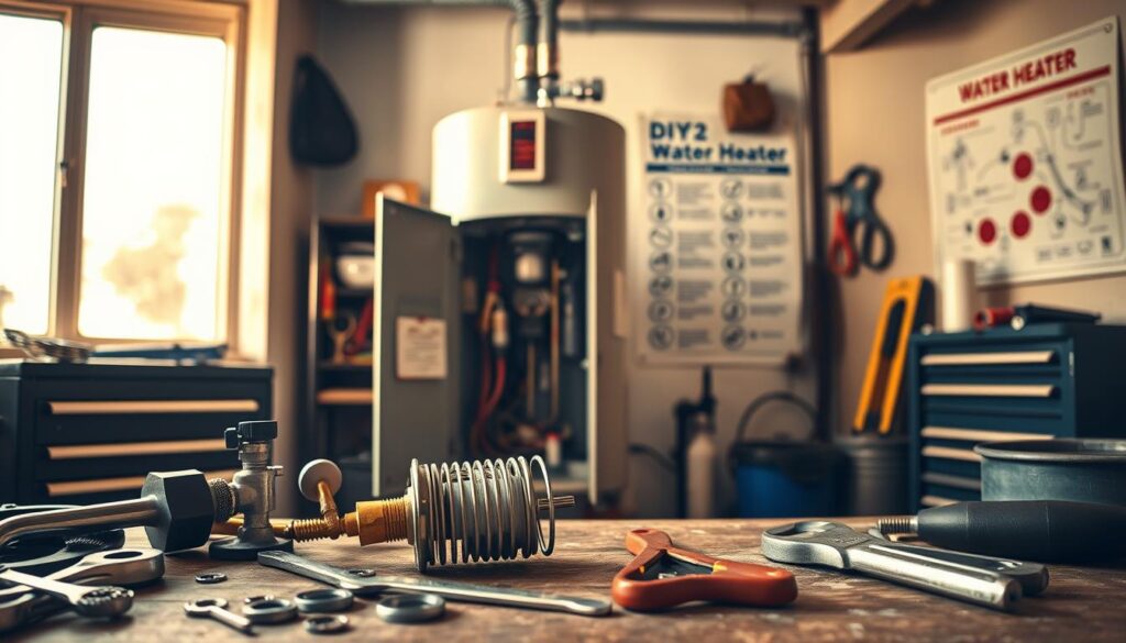 A well-lit workshop interior with a focus on a water heater unit. In the foreground, tools and supplies like wrenches, pliers, and a water heater element are neatly arranged. The middle ground showcases the water heater, its panel open to reveal its inner workings. The background features a toolbox, spare parts, and a wall-mounted diagram outlining common water heater repair steps. The lighting is warm and inviting, creating a DIY-friendly atmosphere. The overall composition emphasizes the approachability and simplicity of water heater maintenance.