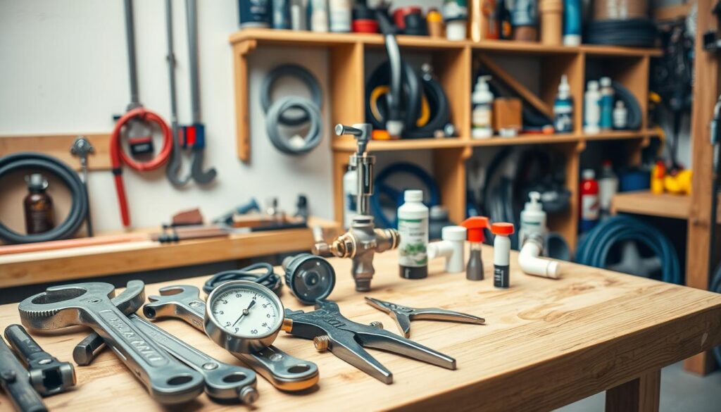 A well-lit workshop interior with a focus on various plumbing tools and equipment used to address low water pressure issues. In the foreground, a set of adjustable wrenches, a pressure gauge, and a set of plumber's pliers are neatly arranged on a wooden workbench. In the middle ground, a water pressure reducing valve and a selection of pipe fittings stand ready for installation. The background features shelves stocked with additional plumbing supplies, including hoses, sealants, and cleaning products. The scene conveys a sense of organization and the tools necessary to diagnose and resolve low water pressure problems in a home setting.