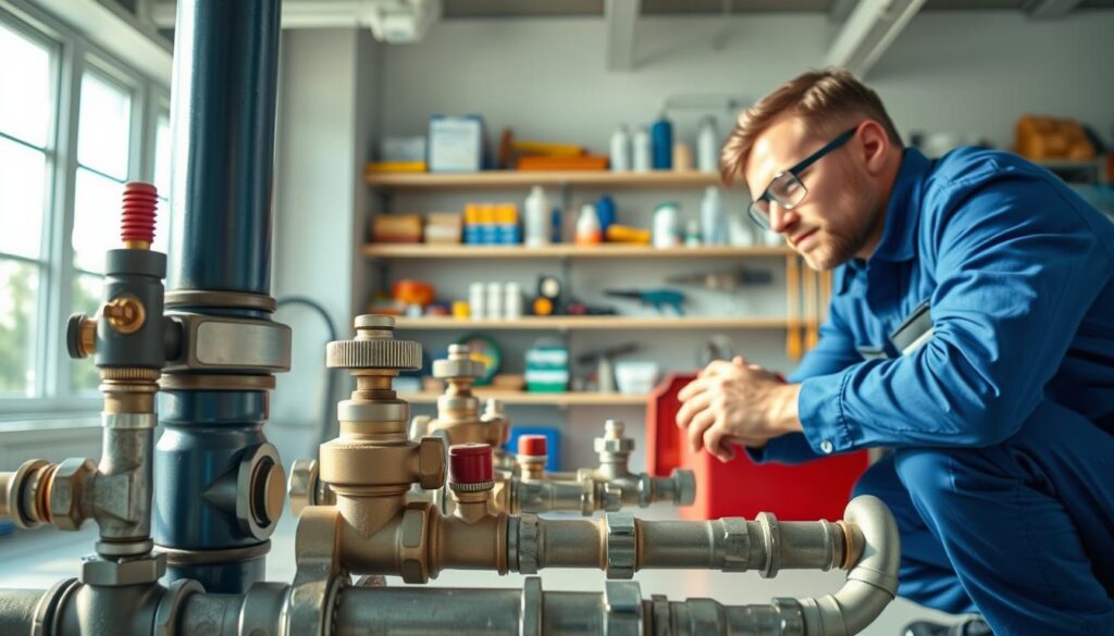 A well-lit workshop interior with a plumber crouched down, carefully inspecting a section of exposed pipes and fittings. The plumber is wearing a blue jumpsuit and safety goggles, with a toolbox nearby. The pipes in the foreground are meticulously detailed, showcasing various valves, joints, and threaded connections. In the middle ground, shelves line the walls, displaying a variety of plumbing supplies and tools. The background depicts a clean, organized workspace with natural light filtering in through windows, creating a sense of professionalism and attention to detail.