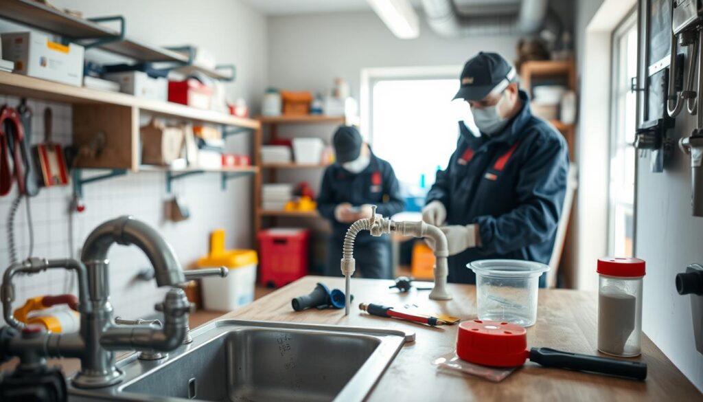 A well-lit workshop interior with a sink, pipes, tools, and safety equipment prominently displayed in the foreground. In the middle ground, a person in protective gear carefully inspecting plumbing connections. The background features shelves stocked with plumbing supplies and a window letting in natural light. The scene conveys a sense of focused, methodical DIY plumbing work carried out in a safe, organized environment.