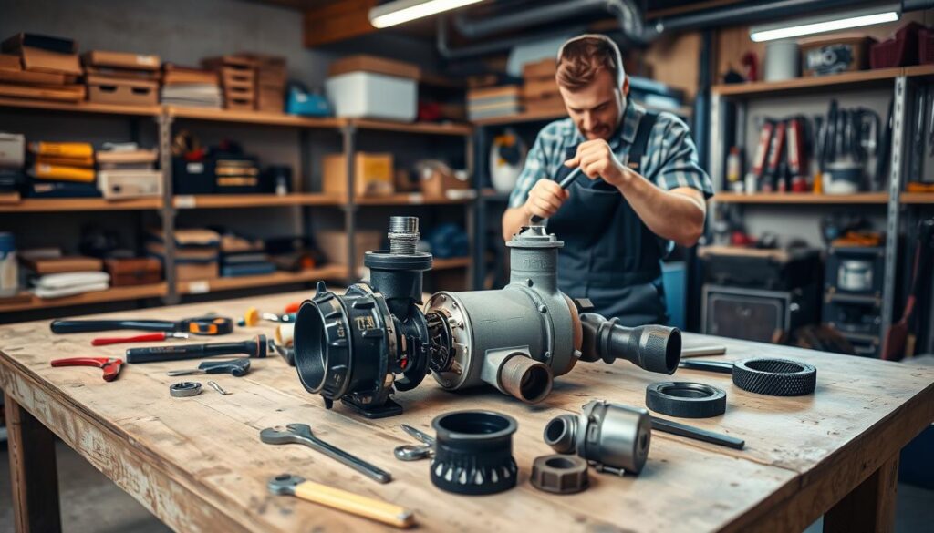 A well-lit workshop interior, with a sturdy workbench in the foreground. On the bench, a sump pump disassembled, its inner workings exposed, surrounded by various tools and replacement parts. In the middle ground, a plumber in overalls, intently focused on the maintenance task at hand, using a wrench to inspect the pump's mechanisms. The background depicts shelves stocked with plumbing supplies, casting warm, directional lighting onto the scene. The atmosphere conveys a sense of diligent problem-solving, with the goal of ensuring the sump pump's reliable operation.