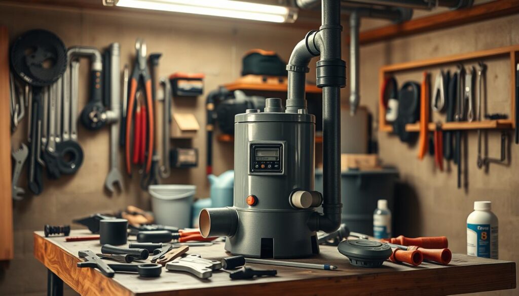 A well-lit workshop interior, with a sump pump system prominently displayed on a workbench. The sump pump features a compact, cylindrical design with a control panel and discharge pipe. Surrounding it are various plumbing tools and supplies, such as wrenches, pliers, and sealant. The lighting is warm and natural, with soft shadows casting a sense of depth and dimensionality. The angle is slightly elevated, providing a clear, unobstructed view of the sump pump and its components. The overall atmosphere conveys a sense of diligence and attention to detail, reflecting the care and maintenance required for this essential home appliance.
