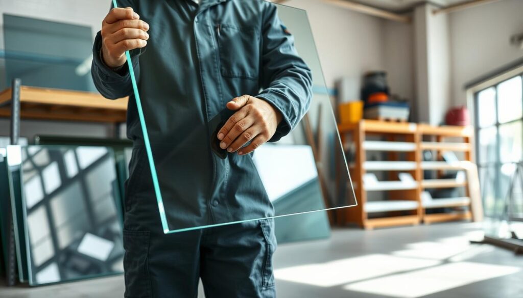 A well-lit workshop interior with a technician in a protective jumpsuit carefully handling a large pane of glass. The glass is positioned at a slight angle, allowing the viewer to see the technician's hands and the proper grip technique. The background shows shelves of additional glass panels and other glazing materials, conveying a professional, safety-conscious workspace. Soft shadows and a clean, organized aesthetic create a sense of focus and attention to detail. The overall scene demonstrates the importance of proper glass handling procedures in the glazing industry.