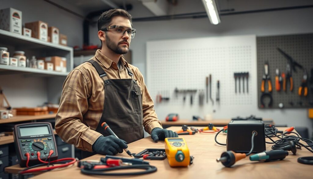 A well-lit workshop interior, with a technician in protective gear standing before a workbench. On the workbench, various electrical tools and equipment are neatly arranged, including a multimeter, wire strippers, and a soldering iron. The technician is wearing a pair of safety goggles, gloves, and a sturdy apron, conveying a sense of caution and professionalism. The background is clean and organized, with shelves of labeled parts and a pegboard displaying additional tools. Soft, even lighting illuminates the scene, creating a mood of focus and attention to detail. The overall composition suggests a safe, controlled environment for electrical repairs.