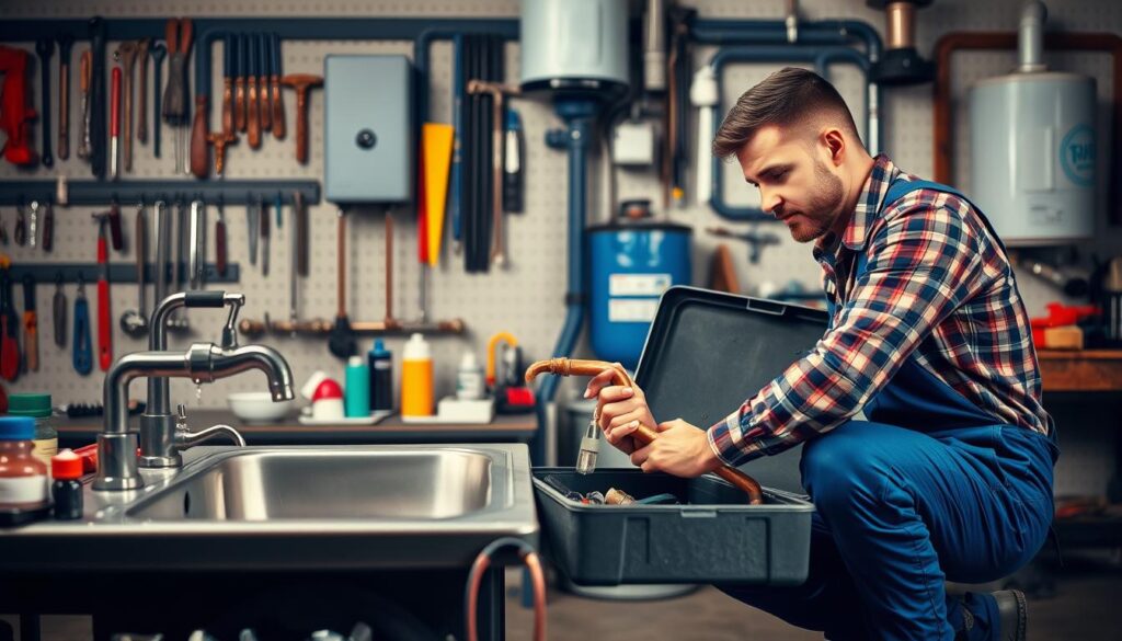 A well-lit workshop scene, featuring a plumber in blue overalls kneeling beside an open toolbox, examining a section of copper piping with a thoughtful expression. In the middle ground, a sink with a dripping faucet, and various plumbing supplies neatly organized on a workbench. The background showcases a wall-mounted set of plumbing tools, a water heater, and other essential equipment, creating an atmosphere of a functional, professional workspace dedicated to routine maintenance. The lighting is warm and directional, casting subtle shadows and highlighting the plumber's focused attention to the task at hand.
