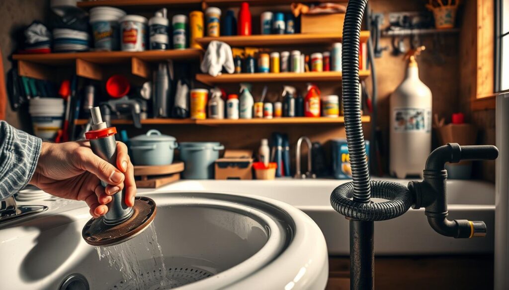 A well-lit workshop scene showcasing various methods for unclogging drains. In the foreground, a plumber's hands are using a plunger to clear a clogged sink. In the middle ground, a closeup of a drain snake being carefully inserted into a bathtub drain. In the background, shelves display an assortment of drain cleaning tools and chemicals. The scene is lit with warm, directional lighting, casting dynamic shadows that highlight the textures of the materials. The overall mood is one of problem-solving and DIY competence, reflecting the practical nature of the subject matter.