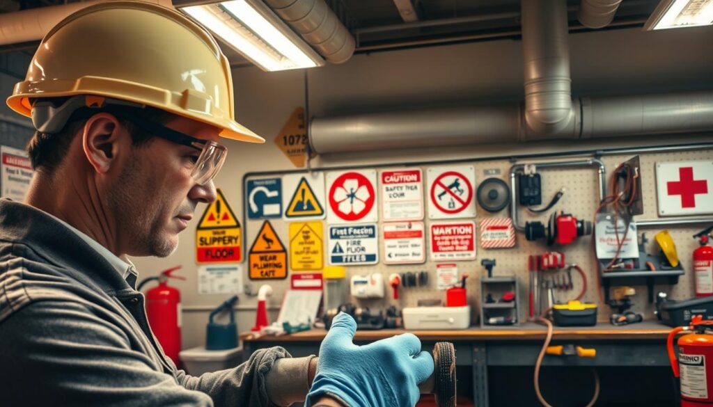 A well-lit workshop scene, showcasing various plumbing safety measures. In the foreground, a worker wearing a hard hat, safety goggles, and work gloves, carefully inspecting a pipe joint. In the middle ground, a collection of signage and warning labels, including "Caution: Slippery Floor" and "Wear Protective Equipment". The background features a neatly organized workbench with an array of plumbing tools, a fire extinguisher, and a first-aid kit, all under the warm glow of overhead lighting. The overall atmosphere conveys a sense of professionalism and attention to safety in the plumbing trade.