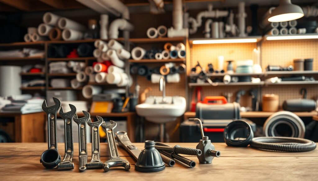 A well-lit workshop scene showcasing various plumbing tools and materials. In the foreground, a set of pipe wrenches, plungers, and a basin wrench are neatly arranged on a wooden workbench. In the middle ground, a sink and faucet stand, with a toolbox and a rolled-up plumber's snake nearby. The background features shelves stocked with PVC pipes, fittings, and other plumbing supplies, illuminated by warm, soft lighting from overhead fixtures. The overall atmosphere conveys a sense of organization, expertise, and a focus on essential plumbing maintenance tasks.