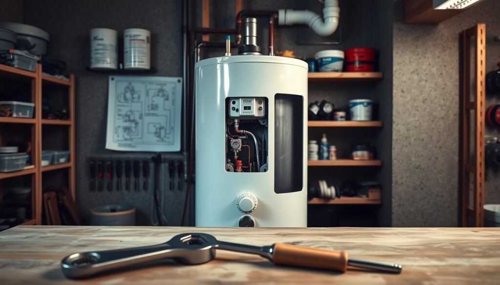 A well-lit workshop scene with a central focus on a white water heater, its internal components exposed for examination. In the foreground, a pair of plumber's tools - a wrench and a screwdriver - neatly arranged, suggesting an imminent troubleshooting task. The middle ground features a diagnostic diagram or schematic pinned to the wall, providing technical guidance. In the background, shelves stocked with various plumbing supplies and spare parts, creating a sense of a professional, well-equipped workspace. The overall mood is one of organized problem-solving, with a touch of industrial minimalism to convey the practical nature of the task at hand.